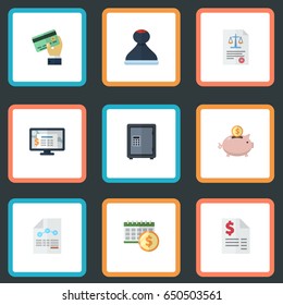 Flat Card, Moneybox, Deadline And Other Vector Elements. Set Of Recording Flat Symbols Also Includes Law, Safe, Duty Objects.
