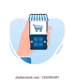 Flat card with online shop hand smartphone. Flat vector illustration character