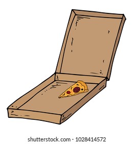 Flat cardboard box. Open box with a slice of delicious pizza. Vector illustration.