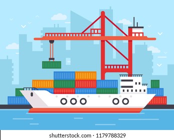 Flat cargo ship in docks. Harbor crane of shipping port loading containers to marine ocean freight vessel boat, worldwide marine industry water transport truck in sea port vector illustration