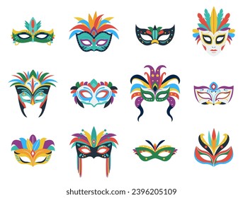 Flat carnival masks. Decorative venetian mask with feathers, isolated festival or party facial accessories. Masquerade clothes element decent vector set