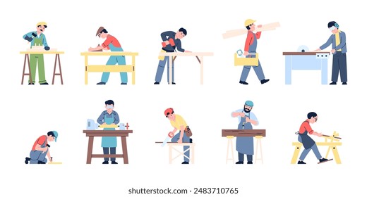 Flat carpenter characters. Men working in wooden industry. Cartoon joiners and carpenters at work. Craftsman in carpentry workshop recent vector set