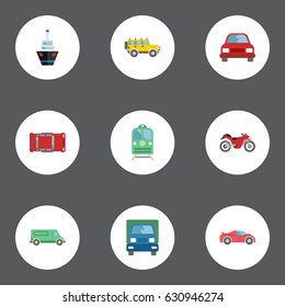 Flat Carriage, Luxury Auto, Jeep And Other Vector Elements. Set Of Machine Flat Symbols Also Includes Suv, Vessel, Automobile Objects.