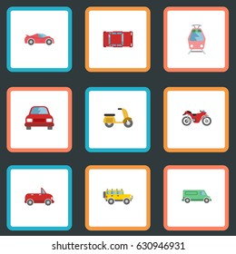 Flat Carriage, Streetcar, Transport And Other Vector Elements. Set Of Vehicle Flat Symbols Also Includes Tramcar, Automobile, Auto Objects.