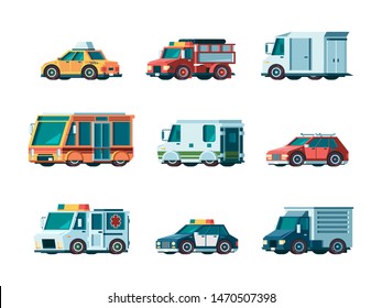 Flat cars. City traffic municipal vehicle fire ambulance police post office taxi truck bus and collector car vector orthogonal pictures. Transport vehicle, car police and ambulance illustration