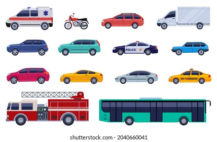 Flat cars collection. Auto design, car and bus objects. Isolated smart vehicles, city public transport and taxi. Transporting exact vector collection