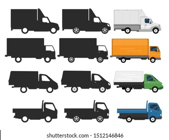 Flat cars icons, 3 different types, side view, black and white and color vector illustration, truck