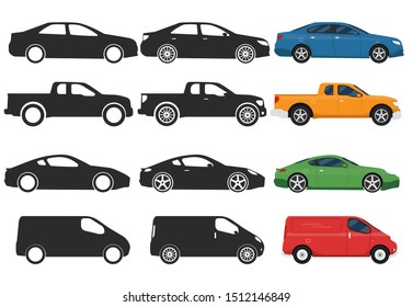 Flat cars icons, 3 different types, side view, black and white and color vector illustration, sedan, sport car, 4x4, van.