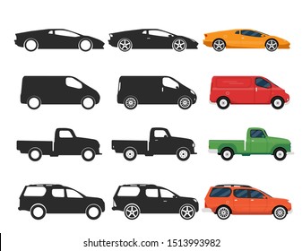 Flat cars icons, 3 different types, side view, black and white and color vector illustration, sedan, sport car, 4x4, van.