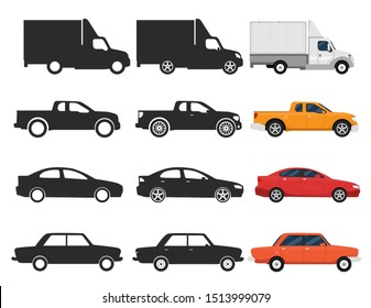 Flat cars icons, 3 different types, side view, black and white and color vector illustration, sedan, vintage 4x4, truck