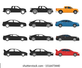 Flat cars icons, 3 different types, side view, black and white and color vector illustration, sedan, sport car, 4x4