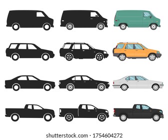 Flat cars icons, 3 different types, side view, black and white and color vector illustration, sedan, sport car, 4x4 suv, hatchback, truck, lorry