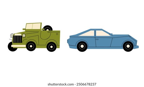 Coches planos Off-Road Verde, Sedán Azul, Vector 
 conjunto de ilustración 