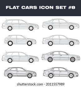 Flat Cars Outline Icon Set, Side View Sedan, Station Wagon, Hatchback, Coupe, Convertible, Targa TopCars  Body Style. Transportation Automobiles Vehicles Pictograms of Car isolated Vector Illustration