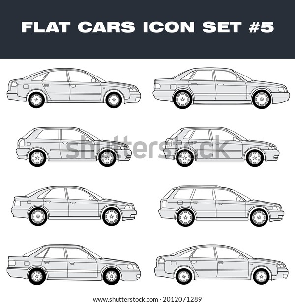 Flat Cars Outline Icon Set, Side View Sedan,\
Station Wagon, Hatchback, Coupe, Convertible, Targa TopCars  Body\
Style. Transportation Automobiles Vehicles Pictograms of Car\
isolated Vector\
Illustration