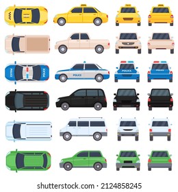 Wohnwagen, Polizei und Taxi oben, Seite, Rückseite und Vorderansicht. Cartoon Auto Transport, Abholung, Suv und Minivan Ansicht. Fahrzeug hinter Vektorgrafik von Taxis und Polizeiautografie