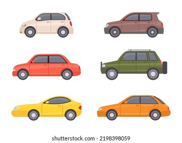 Flat cars sedan collection view of side. Vector auto vehicle transportation, automotive hatchback, urban and compact illustration