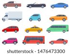 Flat cars set. Taxi and minivan, cabriolet and pickup. Bus and suv, truck. Urban, city cars and vehicles transport vector flat icons. Cabriolet and truck, car and bus, automobile pickup illustration