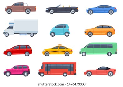 Flat cars set. Taxi and minivan, cabriolet and pickup. Bus and suv, truck. Urban, city cars and vehicles transport vector flat icons. Cabriolet and truck, car and bus, automobile pickup illustration - Shutterstock ID 1476473300
