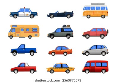 Flat cars set. Taxi and minivan, cabriolet and pickup. Police car and suv, truck. Classic van and vehicles transport vector flat icons. Campervan and truck, car automobile pickup illustration