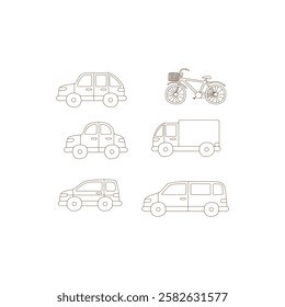 Flat cars set. Taxi and minivan, cabriolet and pickup. Bus and suv, truck. Urban, city cars and vehicles transport vector flat icons. Cabriolet and truck, car and bus, automobile pickup illustration.