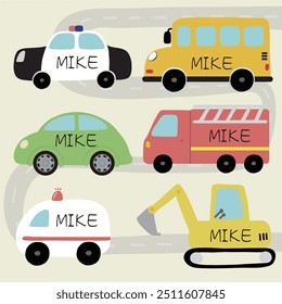 flat cars vector, name stickers