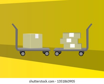 Flat carton box. Delivery and packaging. Transportation, shipping yellow background