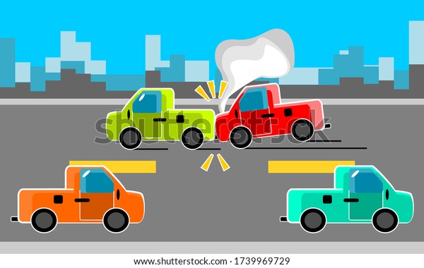 Flat cartoon accidents on the road in city caused\
by negligent driving and no spacing between vehicles can cause\
collisions vector.