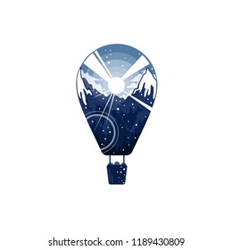 Flat cartoon air balloon with winter ladscape, mountain, snoflake, snow, sun, light, forest, sky and clouds, vector emblem illustration isolated o white background