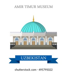 Flat cartoon Amir Timur Museum in Tashkent web site vector illustration. Uzbekistan country sightseeing in Asia. Landmarks and World famous showplace concept.