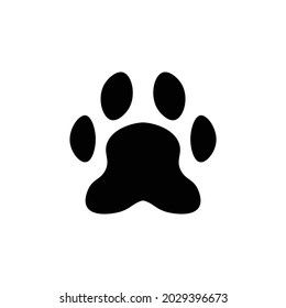 Flat cartoon animal footprint silhouette. Cat or dog foot web icon, unknown animal. Black print paw trace. Isolated vector illustration. Trendy style design.