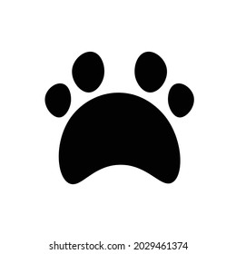 Flat cartoon animal footprint silhouette. Cat or dog foot web icon, unknown animal. Black print paw trace. Isolated vector illustration. Trendy style design.
