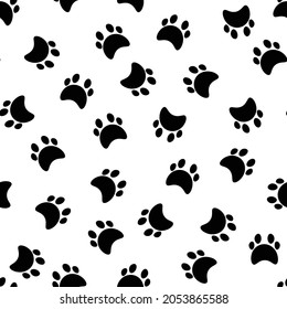 Flat cartoon animal footprint silhouette seamless pattern. Cat or dog foot, unknown animal. Black print paw trace. Vector illustration. Trendy style design.