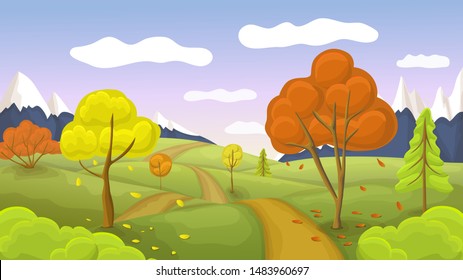 flat or cartoon autumn landscape with pathway, red and golden trees, mountains, blue sky and fluffy clouds. stylized autumn background. seasonal horizontal banner of autumn scene brown or golden color