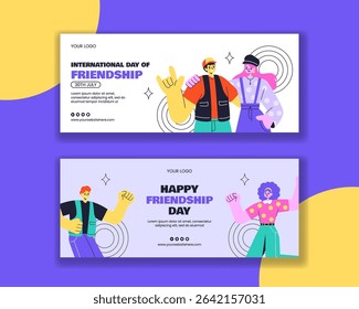 Flat Cartoon Background Illustration for Happy Friendship Day Horizontal Banner Template