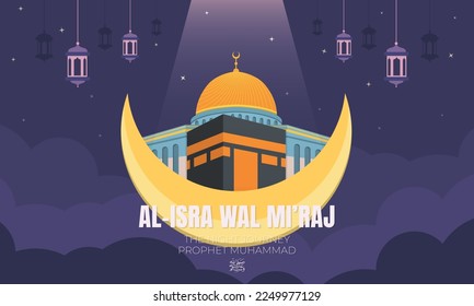 Flat cartoon background Islamic day Isra Miraj which means; Prophet Muhammad's Night Journey
