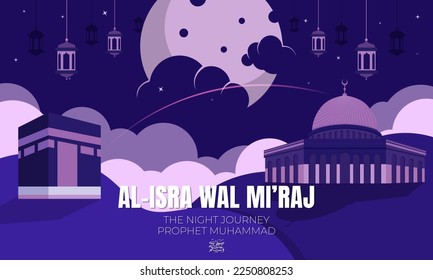 Flat cartoon background Islamic day Isra Miraj which means; Prophet Muhammad's Night Journey