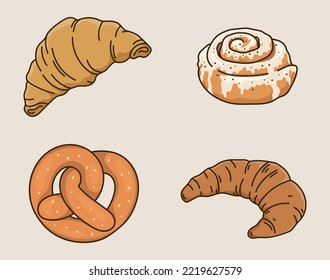 Ilustraciones de panadería de caricaturas planas. Cruasán aislado, bollo de canela, pretzel. Iconos con diferentes tipos de bollos dulces