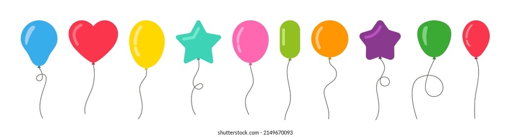 Flat cartoon balloons. Balloons with ropes. Ballons in style. Bunch of baloons for birthday and party. Blue, red, yellow and green flying ballons. Balls isolated on white background. Vector.