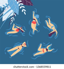 Flat Cartoon Banner Body Positive Concept Top View Women in Swimsuit Swimming Relaxing in Splashes of Water Leisure Time Summer Body Positive Vector Illustration in Floral Design Color Backdrop