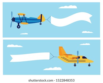 Flat Cartoon Banner Set Of Retro Airplane Dragging Blank White Ribbon Flag In Air - Cartoon Plane Flying In The Sky With Clouds With Text Template. Vector Illustration.