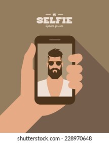 flat cartoon bearded hipster character taking selfie photo on smart phone, vector illustration with hand , mobile phone , man