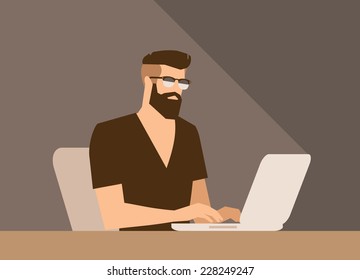 flat cartoon bearded hipster freelancer character, vector illustration, man with laptop