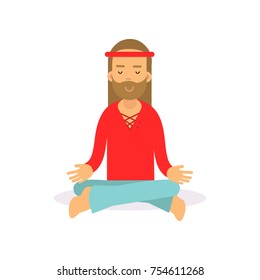 Flat cartoon bearded man hippie sitting in lotus pose, meditating. Male with long hair dressed in red t-shirt and blue jeans, woodstock sixties hippy subculture. Love and pacifism. Vector on white