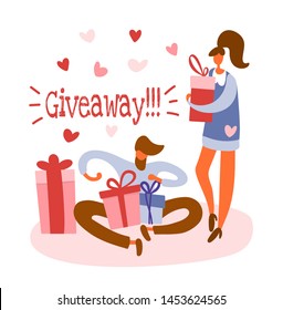 Flat cartoon bearded man sitting on floor and opening gift box with surprise and standing girl with a present. Isolated vector illustration, "Giveaway" text. Applicable for social networks content.