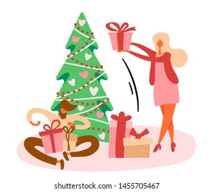 Flat cartoon bearded man sitting on floor near Christmas tree and opening gift box with bow and standing woman with a present preparing for winter holidays. Vector illustration, beige and pink colors.