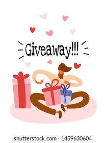 Flat cartoon bearded man sitting on floor and opening gift box waiting for the surprise from a present. Isolated vector illustration, "Giveaway" text. Applicable for social networks content.