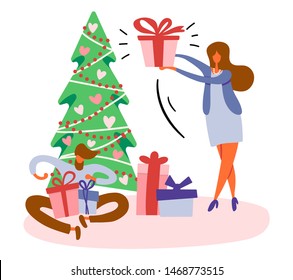 Flat cartoon bearded man sitting on floor near Christmas tree and opening gift box with bow and standing woman with a present preparing for winter holidays. Vector illustration, pink and blue colors.