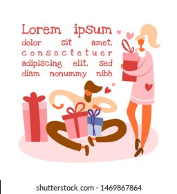 Flat cartoon bearded man sitting on floor and opening gift box waiting for the surprise and standing girl with a present preparing for winter holidays. Isolated vector illustration, lorem ipsum text.
