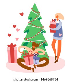 Flat cartoon bearded man sitting on floor near Christmas tree and opening gift box with bow and standing girl with a present preparing for winter holidays. Vector illustration, beige and blue colors.